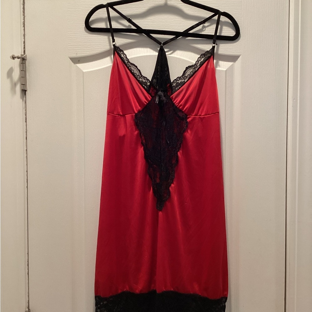 Satin Red Chemise with Black Lace Trim ( Size: 3X)